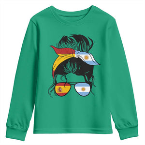Argentina Spain Flag Messy Bun Girl Graphic Youth Sweatshirt Cool Latina Argentine Spanish Pride Match Day