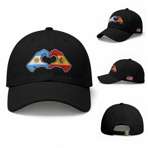 Argentina Spain Flag Heart Hands Graphic Baseball Cap Argentine Spanish Mixed Roots Pride Dual Heritage Match Day
