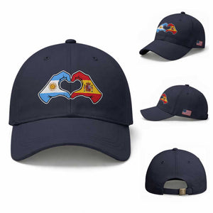 Argentina Spain Flag Heart Hands Graphic Baseball Cap Argentine Spanish Mixed Roots Pride Dual Heritage Match Day
