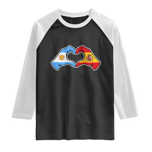Argentina Spain Flag Heart Hands Graphic Raglan Shirt Argentine Spanish Mixed Roots Pride Dual Heritage Match Day