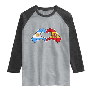 Argentina Spain Flag Heart Hands Graphic Raglan Shirt Argentine Spanish Mixed Roots Pride Dual Heritage Match Day