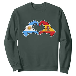Argentina Spain Flag Heart Hands Graphic Sweatshirt Argentine Spanish Mixed Roots Pride Dual Heritage Match Day