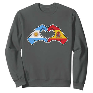 Argentina Spain Flag Heart Hands Graphic Sweatshirt Argentine Spanish Mixed Roots Pride Dual Heritage Match Day