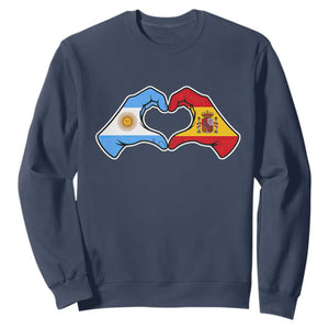 Argentina Spain Flag Heart Hands Graphic Sweatshirt Argentine Spanish Mixed Roots Pride Dual Heritage Match Day