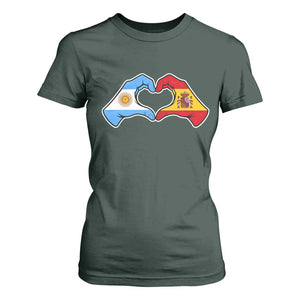 Argentina Spain Flag Heart Hands Graphic T Shirt For Women Argentine Spanish Mixed Roots Pride Dual Heritage Match Day