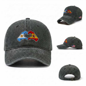 Argentina Spain Flag Heart Hands Graphic Washed Cotton Baseball Cap Argentine Spanish Mixed Roots Pride Dual Heritage Match Day