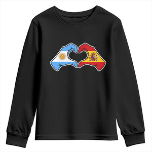 Argentina Spain Flag Heart Hands Graphic Youth Sweatshirt Argentine Spanish Mixed Roots Pride Dual Heritage Match Day
