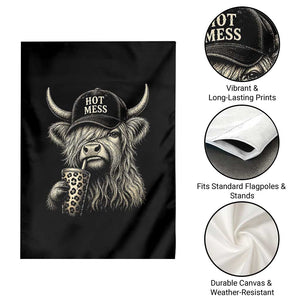 Hot Mess Highland Cow Sipping Iced Coffee Meme Garden Flag Funny Sarcastic Everyday Life Country Western Style