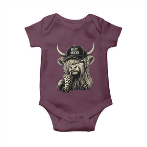 Hot Mess Highland Cow Sipping Iced Coffee Meme Baby Onesie Funny Sarcastic Everyday Life Country Western Style TS02 Maroon Print Your Wear
