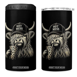 Hot Mess Highland Cow Sipping Iced Coffee Meme 4 in 1 Can Cooler Tumbler Funny Sarcastic Everyday Life Country Western Style