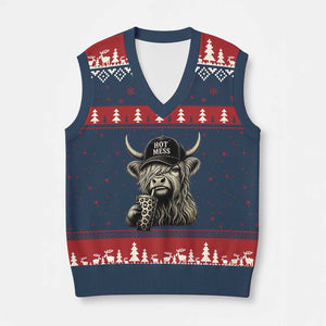 Hot Mess Highland Cow Sipping Iced Coffee Meme V-Neck Knit Sweater Vest Funny Sarcastic Everyday Life Country Western Style TS02 Navy Red Print Your Wear