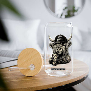 Hot Mess Highland Cow Sipping Iced Coffee Meme Glass Can Funny Sarcastic Everyday Life Country Western Style