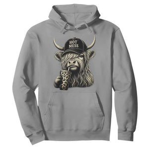 Hot Mess Highland Cow Sipping Iced Coffee Meme Hoodie Funny Sarcastic Everyday Life Country Western Style TS02 Sport Gray Print Your Wear