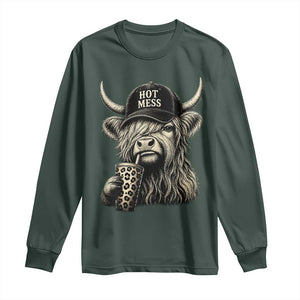 Hot Mess Highland Cow Sipping Iced Coffee Meme Long Sleeve Shirt Funny Sarcastic Everyday Life Country Western Style TS02 Dark Forest Green Print Your Wear