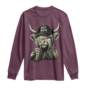 Hot Mess Highland Cow Sipping Iced Coffee Meme Long Sleeve Shirt Funny Sarcastic Everyday Life Country Western Style TS02 Maroon Print Your Wear