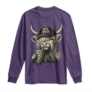 Hot Mess Highland Cow Sipping Iced Coffee Meme Long Sleeve Shirt Funny Sarcastic Everyday Life Country Western Style TS02 Purple Print Your Wear