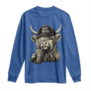 Hot Mess Highland Cow Sipping Iced Coffee Meme Long Sleeve Shirt Funny Sarcastic Everyday Life Country Western Style TS02 Royal Blue Print Your Wear