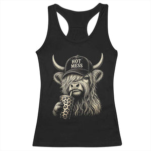 Hot Mess Highland Cow Sipping Iced Coffee Meme Racerback Tank Top Funny Sarcastic Everyday Life Country Western Style