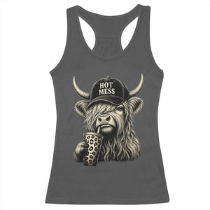 Hot Mess Highland Cow Sipping Iced Coffee Meme Racerback Tank Top Funny Sarcastic Everyday Life Country Western Style