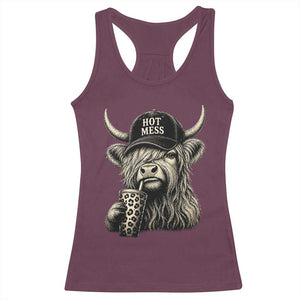Hot Mess Highland Cow Sipping Iced Coffee Meme Racerback Tank Top Funny Sarcastic Everyday Life Country Western Style