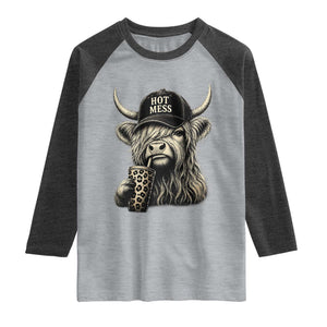 Hot Mess Highland Cow Sipping Iced Coffee Meme Raglan Shirt Funny Sarcastic Everyday Life Country Western Style