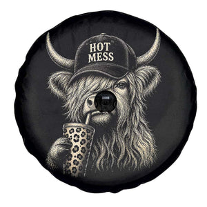 Hot Mess Highland Cow Sipping Iced Coffee Meme Spare Tire Cover Funny Sarcastic Everyday Life Country Western Style