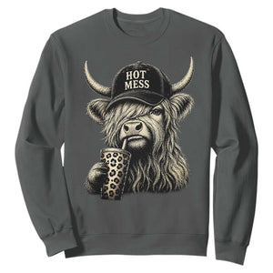 Hot Mess Highland Cow Sipping Iced Coffee Meme Sweatshirt Funny Sarcastic Everyday Life Country Western Style TS02 Dark Heather Print Your Wear