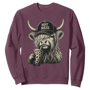 Hot Mess Highland Cow Sipping Iced Coffee Meme Sweatshirt Funny Sarcastic Everyday Life Country Western Style TS02 Maroon Print Your Wear