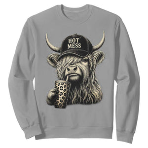 Hot Mess Highland Cow Sipping Iced Coffee Meme Sweatshirt Funny Sarcastic Everyday Life Country Western Style TS02 Sport Gray Print Your Wear