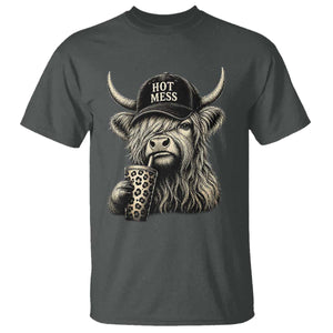 Hot Mess Highland Cow Sipping Iced Coffee Meme T Shirt Funny Sarcastic Everyday Life Country Western Style TS02 Dark Heather Print Your Wear