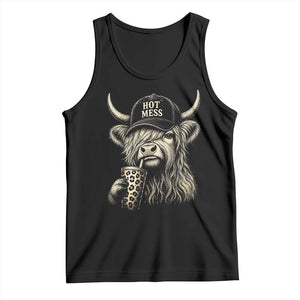 Hot Mess Highland Cow Sipping Iced Coffee Meme Tank Top Funny Sarcastic Everyday Life Country Western Style