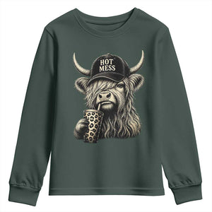 Hot Mess Highland Cow Sipping Iced Coffee Meme Youth Sweatshirt Funny Sarcastic Everyday Life Country Western Style TS02 Dark Forest Green Print Your Wear