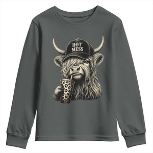 Hot Mess Highland Cow Sipping Iced Coffee Meme Youth Sweatshirt Funny Sarcastic Everyday Life Country Western Style TS02 Dark Heather Print Your Wear