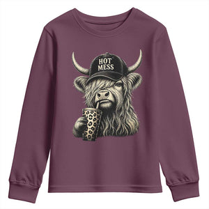 Hot Mess Highland Cow Sipping Iced Coffee Meme Youth Sweatshirt Funny Sarcastic Everyday Life Country Western Style TS02 Maroon Print Your Wear