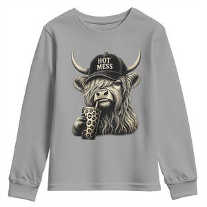 Hot Mess Highland Cow Sipping Iced Coffee Meme Youth Sweatshirt Funny Sarcastic Everyday Life Country Western Style TS02 Sport Gray Print Your Wear