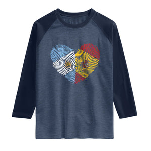 Argentina Spain Flag Mixed Roots Fingerprint Heart Graphic Raglan Shirt Argentine Spanish Dual Heritage Hispanic Pride Match Day TS02 Heather Denim Navy Print Your Wear