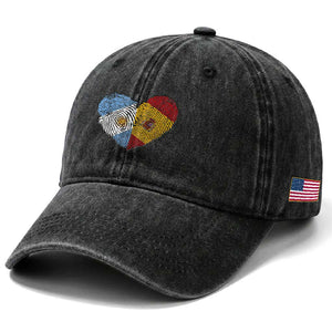 Argentina Spain Flag Mixed Roots Fingerprint Heart Graphic Washed Cotton Baseball Cap Argentine Spanish Dual Heritage Hispanic Pride Match Day TS02 Print Your Wear