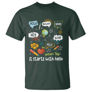 Inclusion Matters T Shirt It Starts With Hello In Languages TS02 Dark Forest Green Print Your Wear