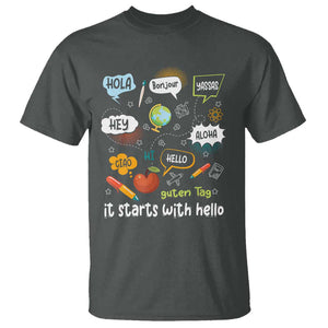 Inclusion Matters T Shirt It Starts With Hello In Languages TS02 Dark Heather Print Your Wear