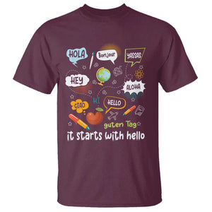 Inclusion Matters T Shirt It Starts With Hello In Languages TS02 Maroon Print Your Wear