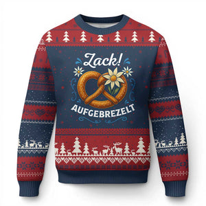 Zack Aufgebrezelt Oktoberfest Ugly Christmas Sweater Funny Bavarian Pretzel Edelweiss Blue TS02 Navy Red Print Your Wear