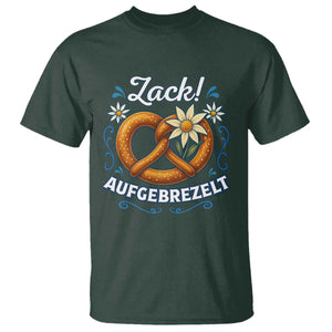Zack Aufgebrezelt Oktoberfest T Shirt Funny Bavarian Pretzel Edelweiss Blue TS02 Dark Forest Green Print Your Wear