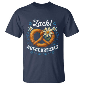 Zack Aufgebrezelt Oktoberfest T Shirt Funny Bavarian Pretzel Edelweiss Blue TS02 Navy Print Your Wear