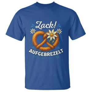 Zack Aufgebrezelt Oktoberfest T Shirt Funny Bavarian Pretzel Edelweiss Blue TS02 Royal Blue Print Your Wear