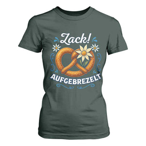 Zack Aufgebrezelt Oktoberfest T Shirt For Women Funny Bavarian Pretzel Edelweiss Blue TS02 Dark Forest Green Print Your Wear