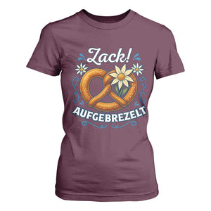 Zack Aufgebrezelt Oktoberfest T Shirt For Women Funny Bavarian Pretzel Edelweiss Blue TS02 Maroon Print Your Wear
