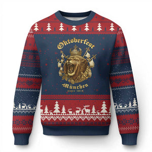 Oktoberfest Munchen Roaring Lion Ugly Christmas Sweater Since 1810 Crown and Beer Weapon TS02 Navy Red Print Your Wear