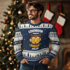 Funny Lederhosen Oktoberfest Beer Drinking Ugly Christmas Sweater Lederhosn Vergessen Durscht Mitbracht TS02 Navy Beige Print Your Wear