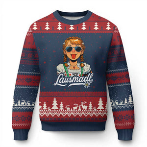 Funny Lausmadl Oktoberfest Ugly Christmas Sweater Bavarian Girl with Braids Sunnies and Sass TS02 Navy Red Print Your Wear