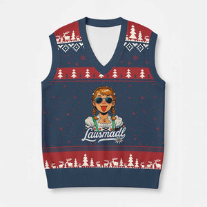 Funny Lausmadl Oktoberfest V-Neck Knit Sweater Vest Bavarian Girl with Braids Sunnies and Sass TS02 Navy Red Print Your Wear